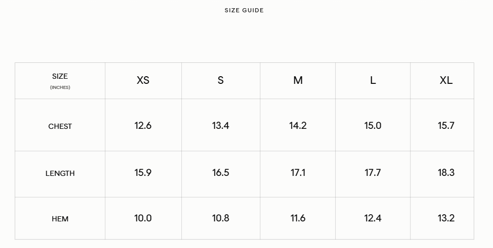 Size Guide for ROTHSCHILD - Baby Tee