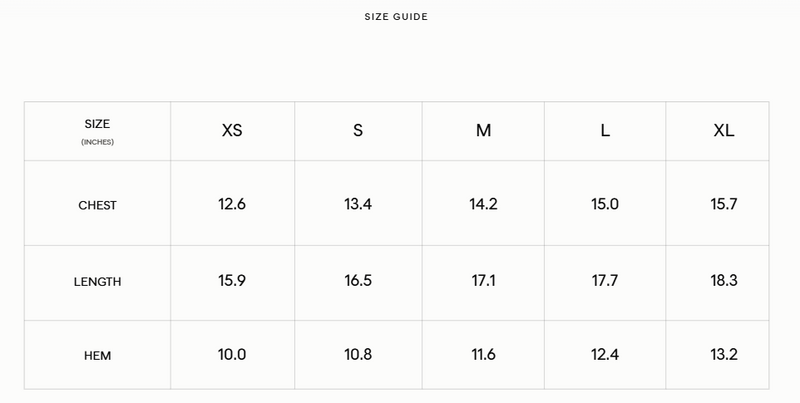 Sizing chart
