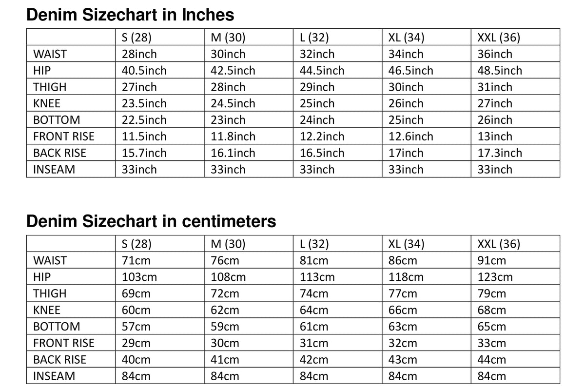 Size Guide for Moshpit - Heavy Cargo Denim