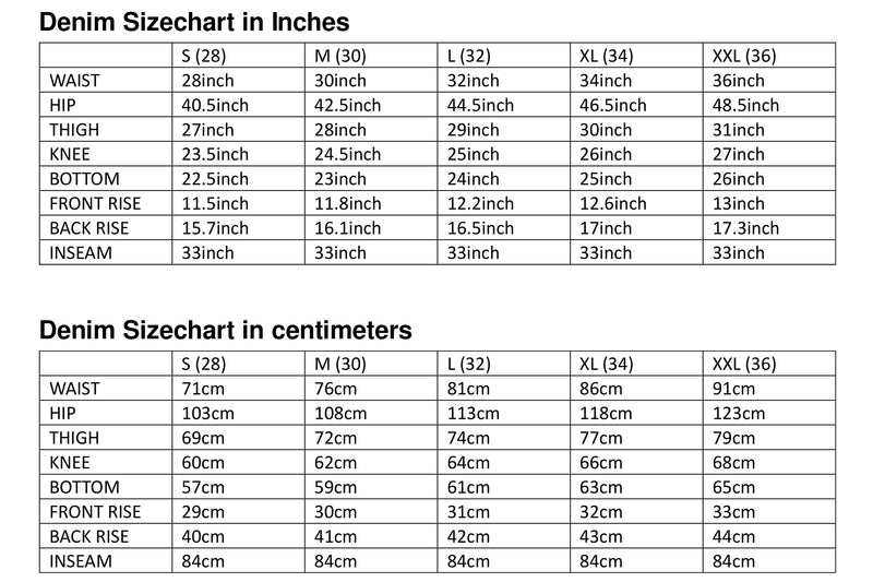 Sizing chart